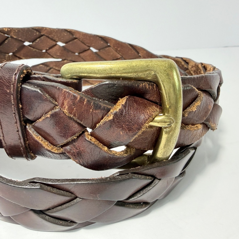 Mens Full Grain Braided Leather Belt Dark Brown Solid Brass Buckle Size 38 5000 - Picture 2 of 10